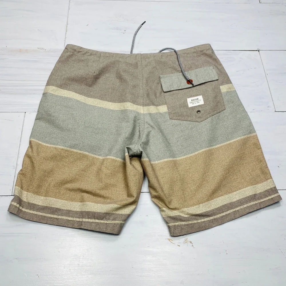 Katin Board Shorts Mens 32 Brown Tan Striped Surf Swim Trunks Pockets Beachwear